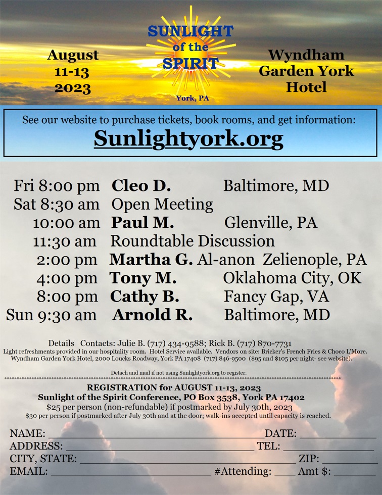 Flyer with information about Sunlight of the Spirit. A weekend Conference on August 11th-13th, 2023 at the Wyndham Garden Hotel in York, PA. See http://www.sunlightyork.org for more information.